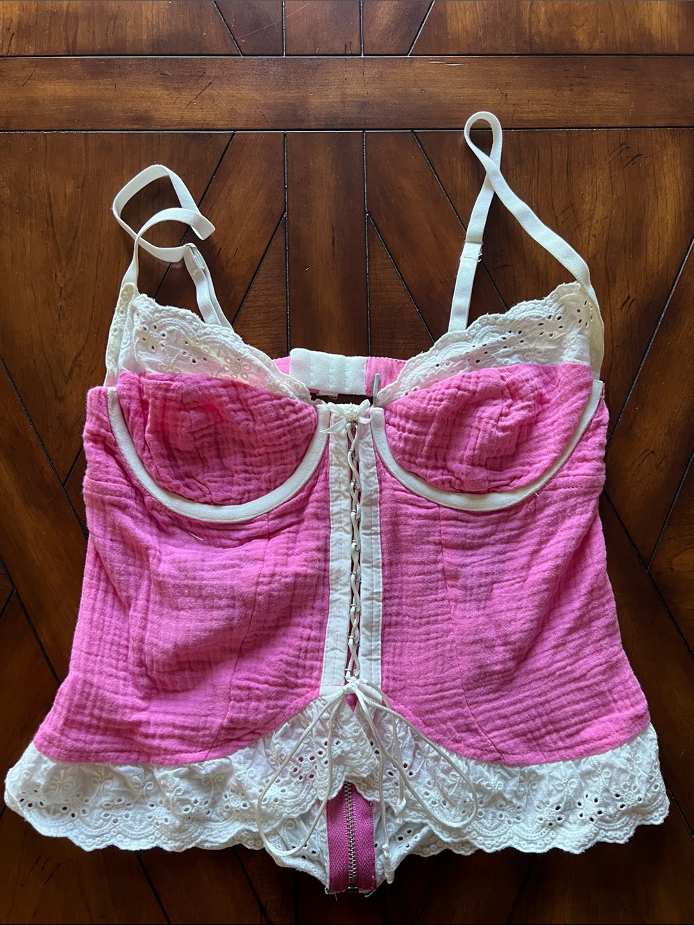 Pink Lace-Trim Bustier Top with Eyelet Detail